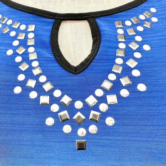 Susan Lawrence Top XL Blue 3/4 Sleeve Silver Embellishments Black Trim Accents - Picture 6 of 8